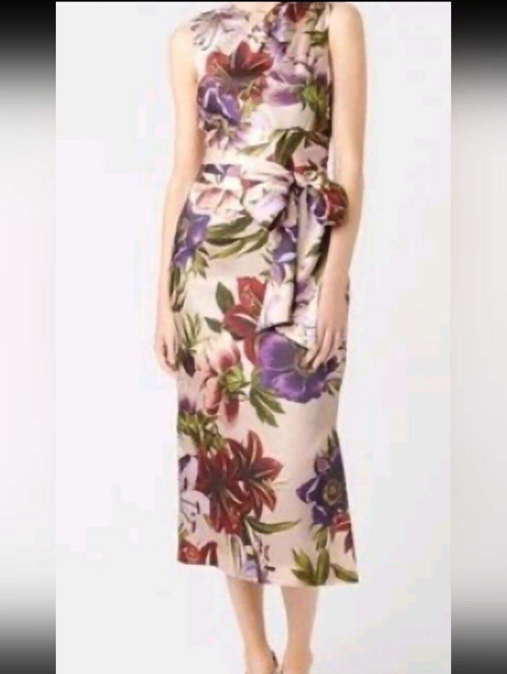 HOBBS LONDON Sleeveless Cream Floral Tie-Waist Midi Dress
